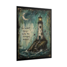 Load image into Gallery viewer, Lighthouse Inspirational Rolled Poster – "The hardest storms build the strongest anchors"
