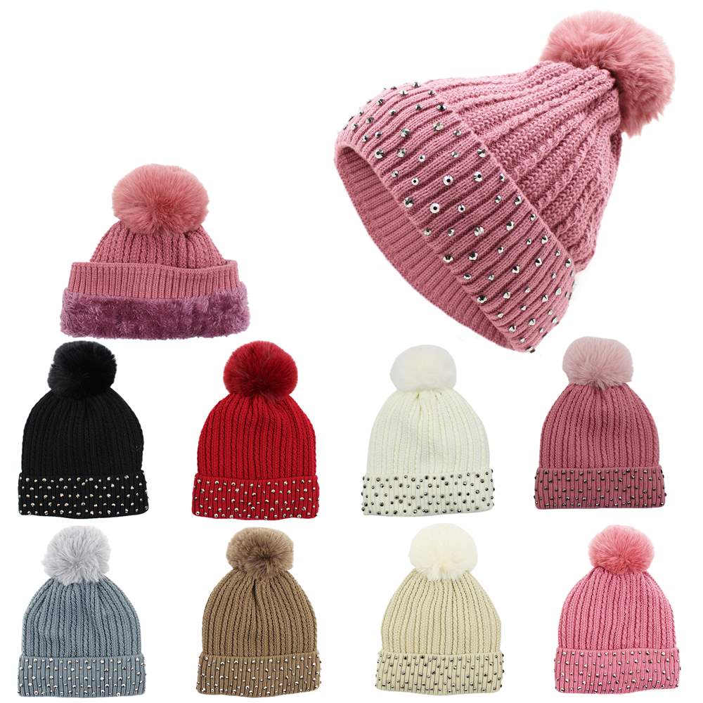 12-pack Wholesale Beanie Hat Rhinestones Pompoms Knit Hat