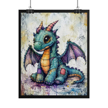 Load image into Gallery viewer, Whimsical Patchwork Baby Dragon Art Print – Cute Big-Eyed Fantasy Animal Poster

