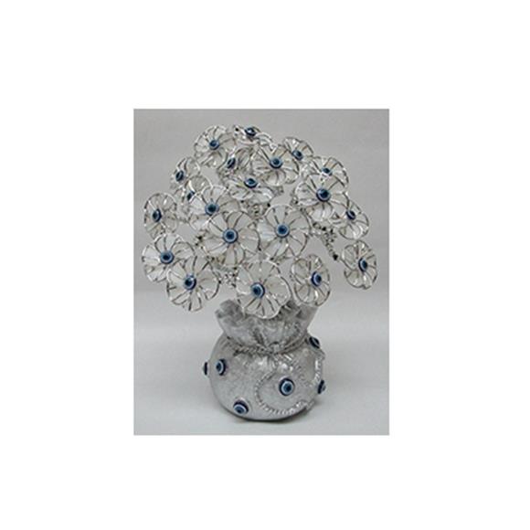 WHITE FLOWER BLUE EYE TREE W/SILVER MONEY BAG BASE