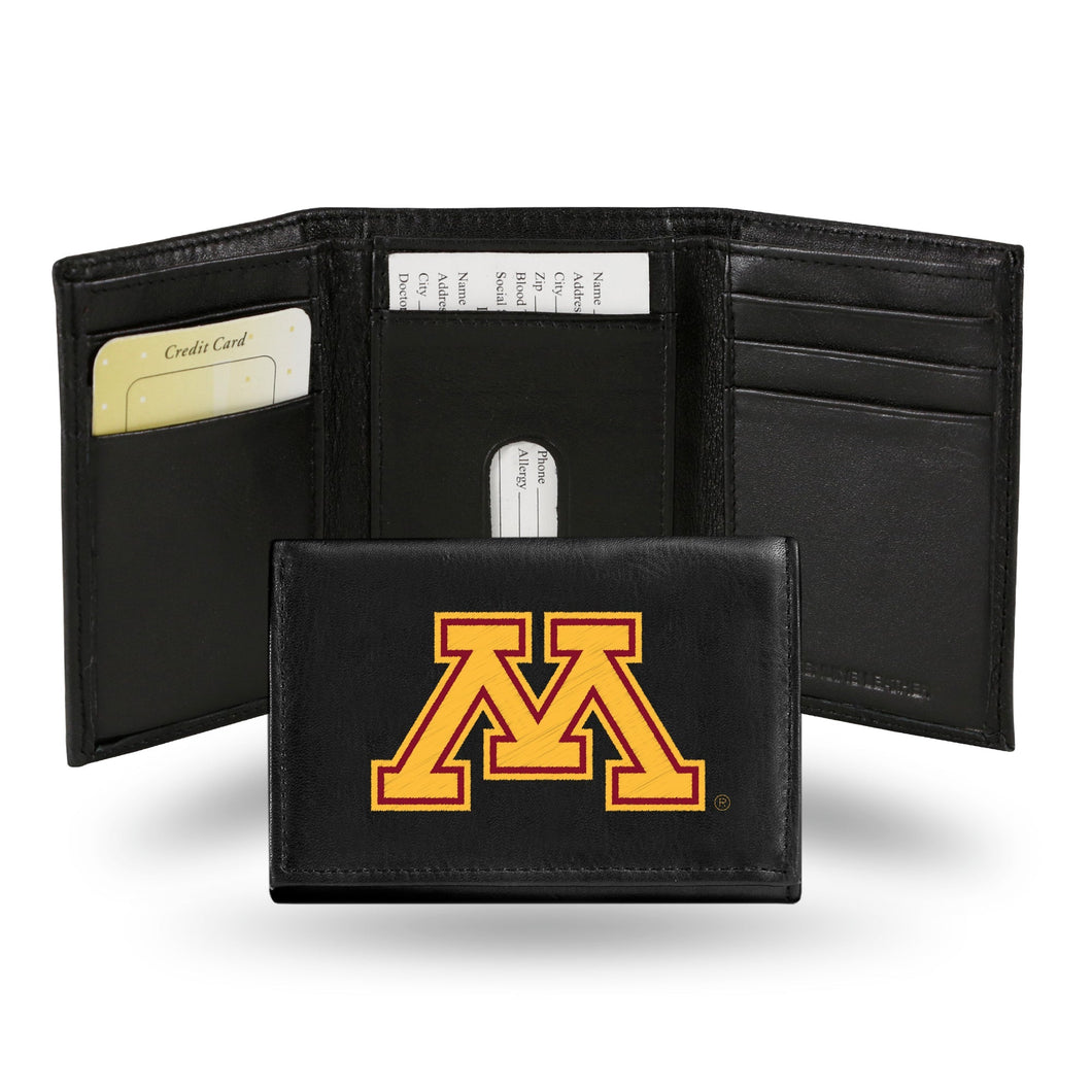 MINNESOTA GOLDEN GOPHERS BLACK EMBROIDERED GENUINE LEATHER TRI-FOLD WALLET