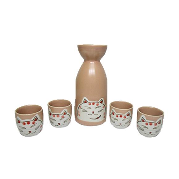 5PC CERAMIC SAKI SET W/CAT DESIGN