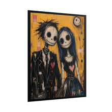 Load image into Gallery viewer, Gothic Skeleton Couple Art Poster – Spooky Cute Yellow Wall Art with Blue Hair
