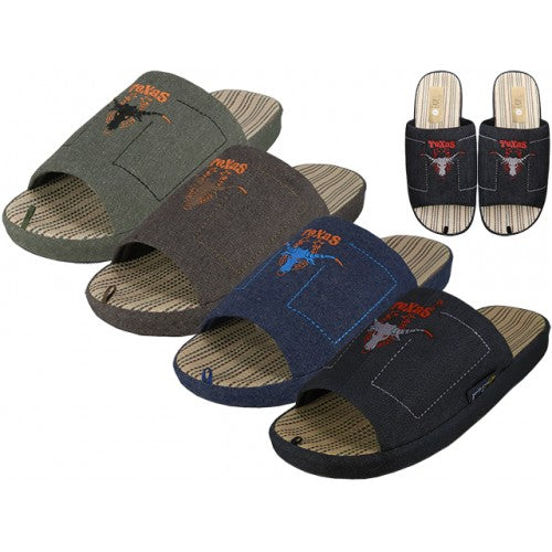 Wholesale Men Satin Open Toes Embroidery Upper House Slippers (*Asst. Brown, Olive, Navy & Black)