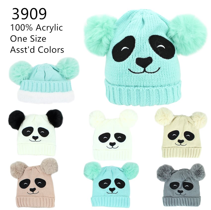 12-pack Wholesale Kid's Animal Hat Pompom Winter Knit Panda Hat #3909
