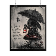 Load image into Gallery viewer, Rolled Poster — Gothic Bunny on Mushroom with Lantern &amp; Quote "Love is the quiet light"
