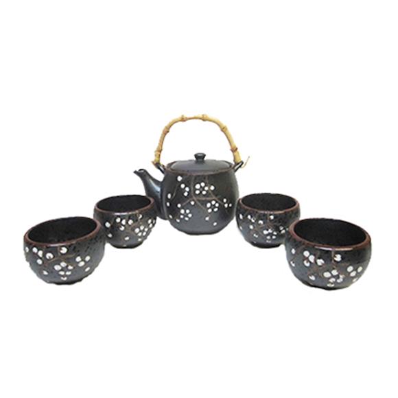 DARK GREY TEA SET W/WHITE CHERRY BLOSSOMS
