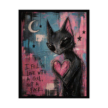 Load image into Gallery viewer, Rolled Poster — Whimsical Black Cat with Heart &amp; Quote “I Fell in Love With a Soul, Not a Face”
