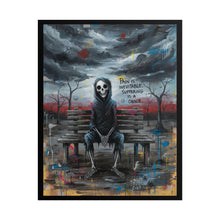 Load image into Gallery viewer, Rolled Poster — Grim Skeleton Bench Art Print with 'Pain is Inevitable, Suffering is a Choice'
