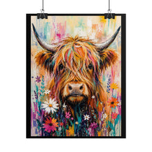 Load image into Gallery viewer, Colorful Highland Cow and Wildflowers Poster – Vibrant Farmhouse Animal Wall Art Print

