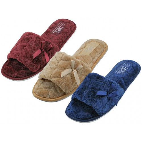 Wholesale Women's Open Toes Slides Velour House Slippers. （*Mid. Blue, Maroon & Beige)