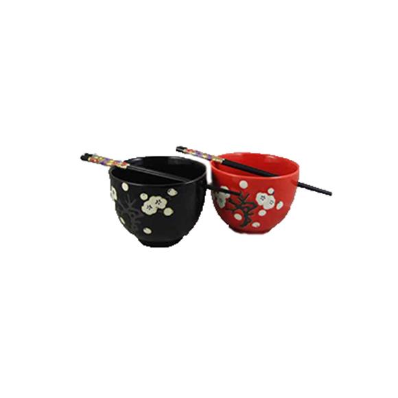 2PC BLACK & RED BOWL SET W/CHOPSTICKS WHITE CHERRY BLOSSOM