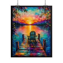 Load image into Gallery viewer, Vibrant Sunset Lake Dock Poster - Peaceful Adirondack Chair Landscape Wall Decor

