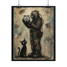 Load image into Gallery viewer, Diver &amp; Cat Art Poster — Whimsical Underwater Vintage Print (Rolled Poster)
