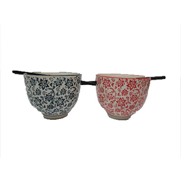 2PC BLUE & RED BOWL SET W/CHOPSTICKS FLOWER DESIGN