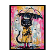 Load image into Gallery viewer, Cat in Raincoat Poster – Cute Whimsical Black Cat with Umbrella &amp; Ghosts Rolled Art Print
