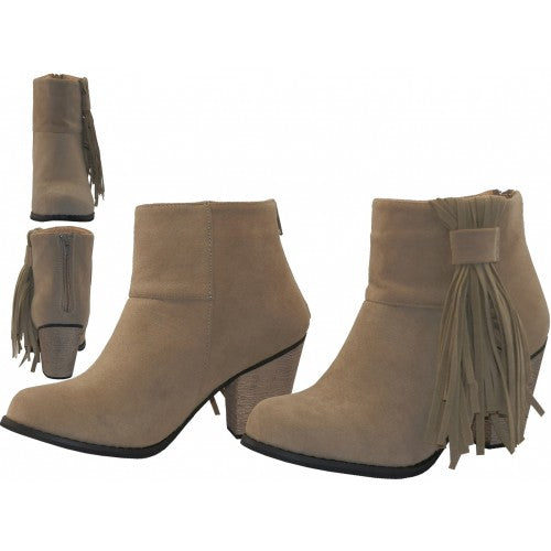 Wholesale Women's Micro Suede 2½ Inches Heel & Side Fringe Ankle High Boots （*Beige Color）