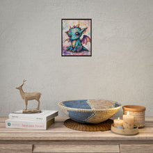 Load image into Gallery viewer, Whimsical Patchwork Baby Dragon Art Print – Cute Big-Eyed Fantasy Animal Poster
