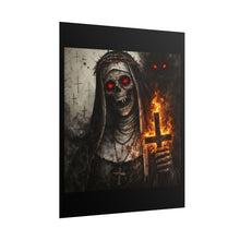 Load image into Gallery viewer, Horror Nun Poster – Flaming Inverted Cross Gothic Wall Art
