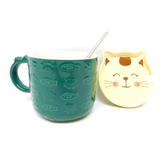 CERAMIC CAT CUP W/LID GREEN CUP/YELLOW LID