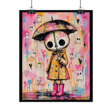 Load image into Gallery viewer, Cute Skeleton Girl Poster — Pink Raincoat &amp; Ghosts Rolled Art Print
