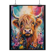 Load image into Gallery viewer, Vibrant Highland Cow with Wildflowers Poster - Colorful Farmhouse Animal Wall Decor
