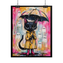 Load image into Gallery viewer, Cat in Raincoat Poster – Cute Whimsical Black Cat with Umbrella &amp; Ghosts Rolled Art Print
