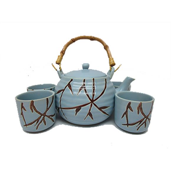 LIGHT BLUE W/BROWN VINES TEA SET