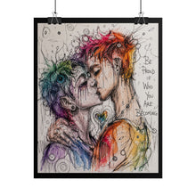Load image into Gallery viewer, "Who You Are Becoming" Pride Wall Art | Fine Line Sketch Embracing Couple Poster
