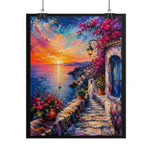 Load image into Gallery viewer, Vibrant Mediterranean Coastal Sunset Poster - Scenic Villa Ocean View Wall Decor
