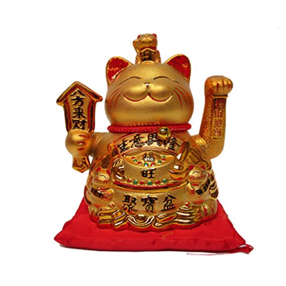 13″ GOLD CERAMIC WAVING CAT W/YUAN BAO & KITTIES