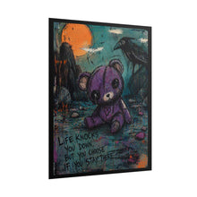 Load image into Gallery viewer, Rolled Poster - Goth Cute Purple Teddy with Raven &amp; 'Life Knocks You Down' Inspirational Art
