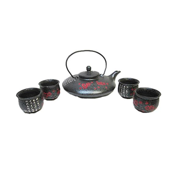 DARK GREY TEA SET W/RED CHERRY BLOSSOMS