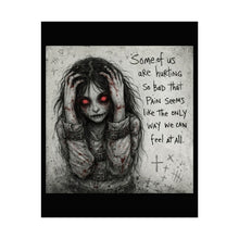 Load image into Gallery viewer, Horror Art Poster – Creepy Girl with Red Eyes &amp; Dark Quote (Rolled Poster)

