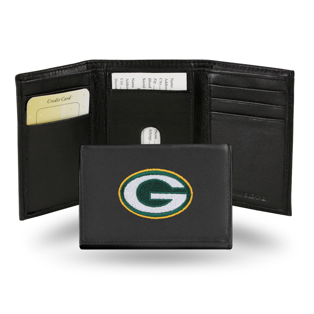 GREEN BAY PACKERS BLACK EMBROIDERED GENUINE LEATHER TRI-FOLD WALLET