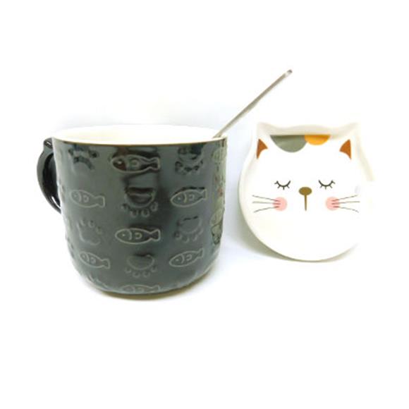 CERAMIC CAT CUP W/LID BLACK CUP/WHITE LID
