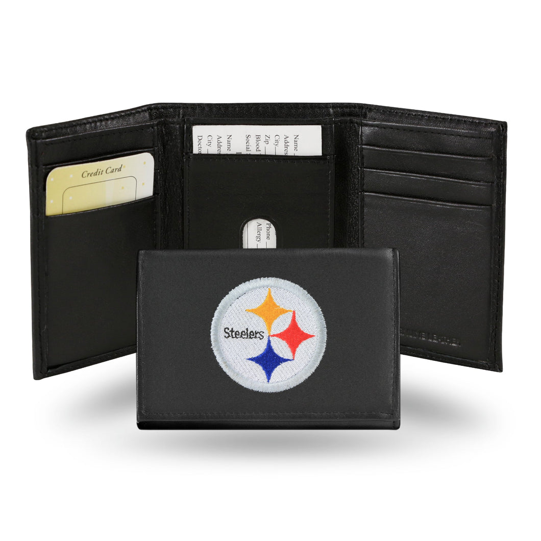 PITTSBURGH STEELERS BLACK EMBROIDERED GENUINE LEATHER TRI-FOLD WALLET