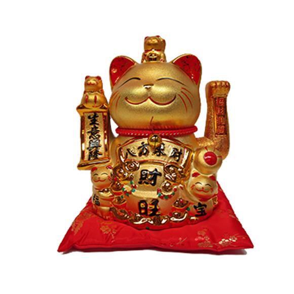 13″ GOLD CERAMIC WAVING CAT W/KITTIES
