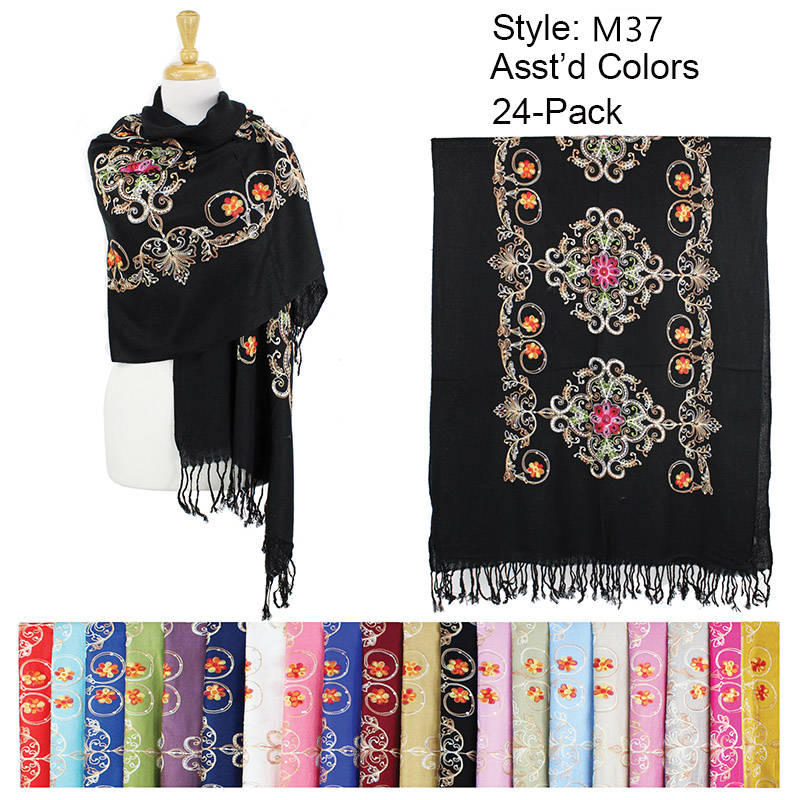 24 Pack Lightweight EMBROIDERY With Sequins Pashmina Shawls