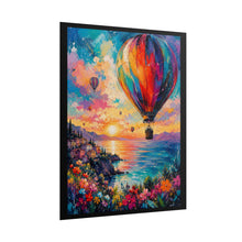 Load image into Gallery viewer, Vibrant Hot Air Balloon Coastal Sunset Poster - Colorful Seaside Village Wall Decor
