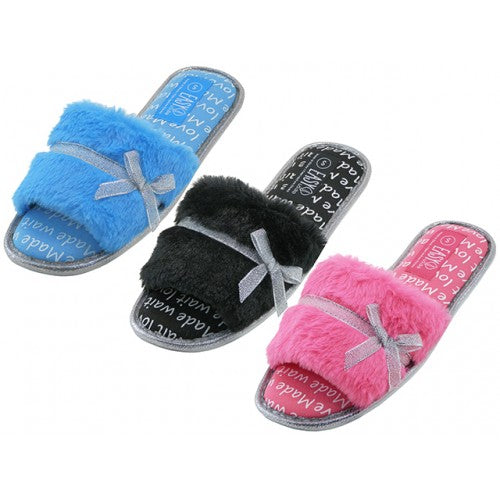 Wholesale Women's Open Toes Slides Plush House Slippers. （*Asst. Black, Blue & Hot Pink)