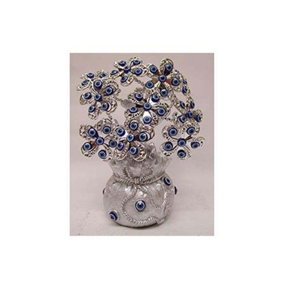 SILVER FLOWER EVIL EYE TREE W/MONEY BAG BASE