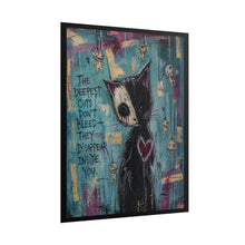 Load image into Gallery viewer, Rolled Poster — Gothic Cat Art Print with Quote “The Deepest Cuts Don’t Bleed”
