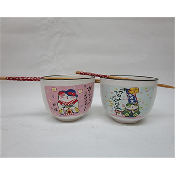2PC CERAMIC BOWL SET W/CHOPSTICKS LUCKY CAT DESIGN