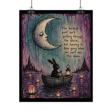 Load image into Gallery viewer, Rolled Poster — Moonlit Bunny Boat Art Print with Inspirational Quote
