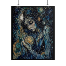 Load image into Gallery viewer, Cosmic Gothic Goddess Art Print – Dark Whimsy Stitched Girl Holding Glowing Moon Orb Wall Decor
