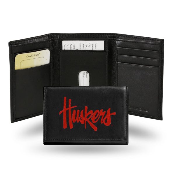 NEBRASKA CORNHUSKERS BLACK EMBROIDERED GENUINE LEATHER TRI-FOLD WALLET