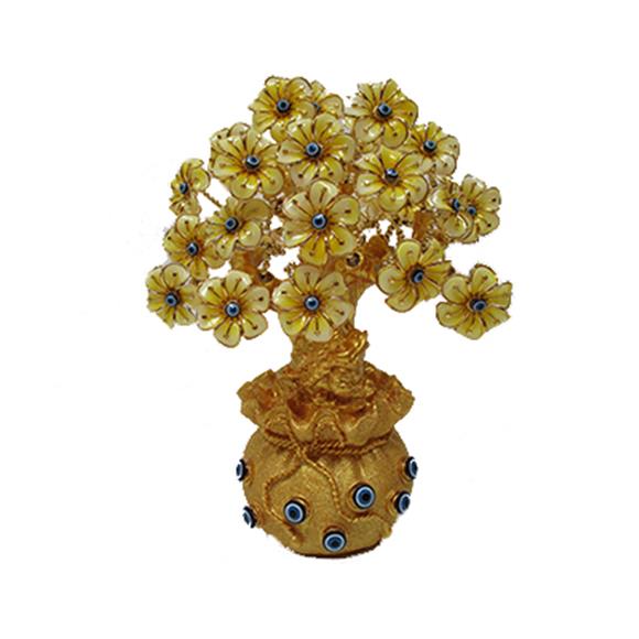 GOLD FLOWER BLUE EYE TREE W/GOLD MONEY BAG BASE