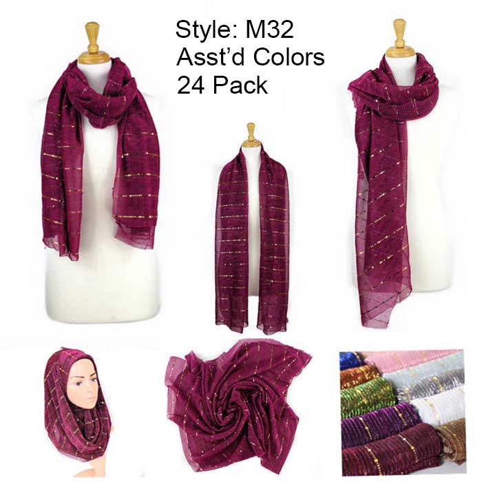 24 Pack Solid Metallic Sequins Soft Head Scarf and Shawl