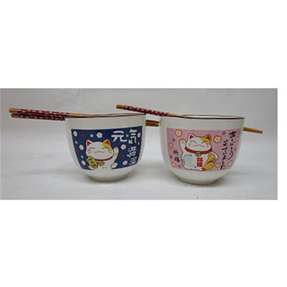 2PC LUCKY CAT BOWL SET W/CHOPSTICKS